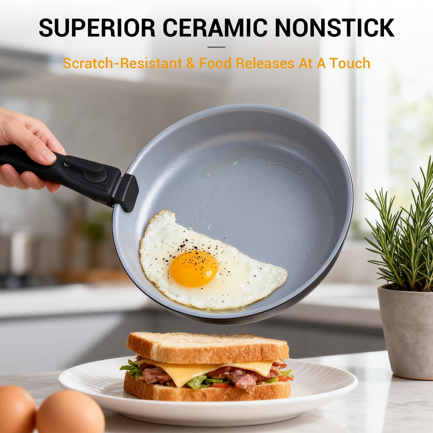 Ammeloo 18 Pcs Ceramic Pots and Pans Set Non Stick Kitchen Cookware Set with Detachable Handle, Non Toxic Cooking Set with Removable Handle for RVs, Camping, Fridge, Dishwasher/Oven Safe