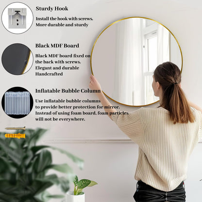 Sunniry Gold Round Mirror, 24 inch Circle Mirror, Gold Metal Frame Bathroom Mirrors, Round Wall Mounted Mirrors for Bathroom, Hallway, Living Room, Bedroom.