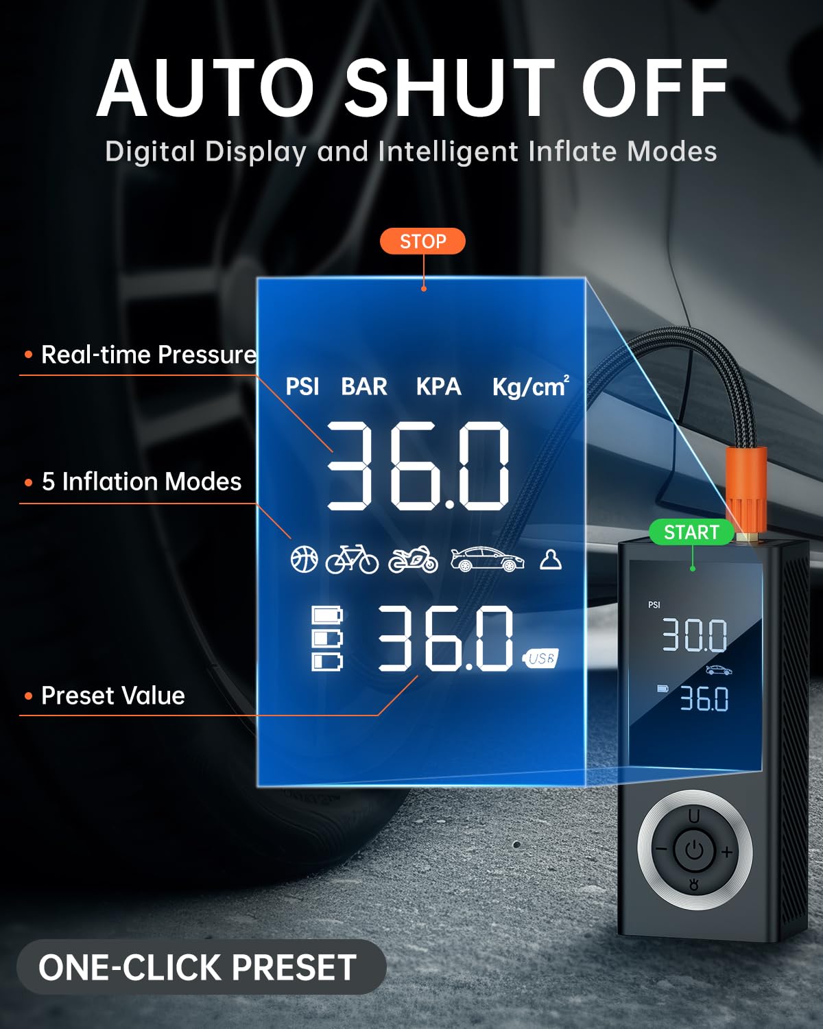 Cordless Tire Inflator Portable Air Compressor, 150 PSI Air Pump with Rechargeable Battery, Tire Pressure Gauge, 12V Car Power Adapter, Smart Air Pump for Car, Motorcycle, Bike, Ball
