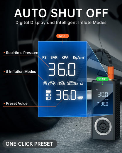 Cordless Tire Inflator Portable Air Compressor, 150 PSI Air Pump with Rechargeable Battery, Tire Pressure Gauge, 12V Car Power Adapter, Smart Air Pump for Car, Motorcycle, Bike, Ball