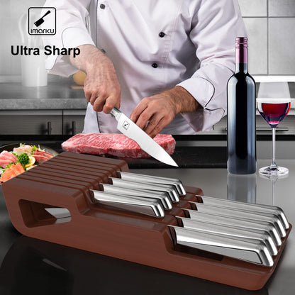 imarku Knife Set, 10 PCS Japanese Stainless Steel Knife Block Set, Kitchen Knife Set with Wooden Drawer Organizer, Drawer Knife Set,Dishwasher Safe, Chef Knife Set, Best Christmas Gifts for Women Men