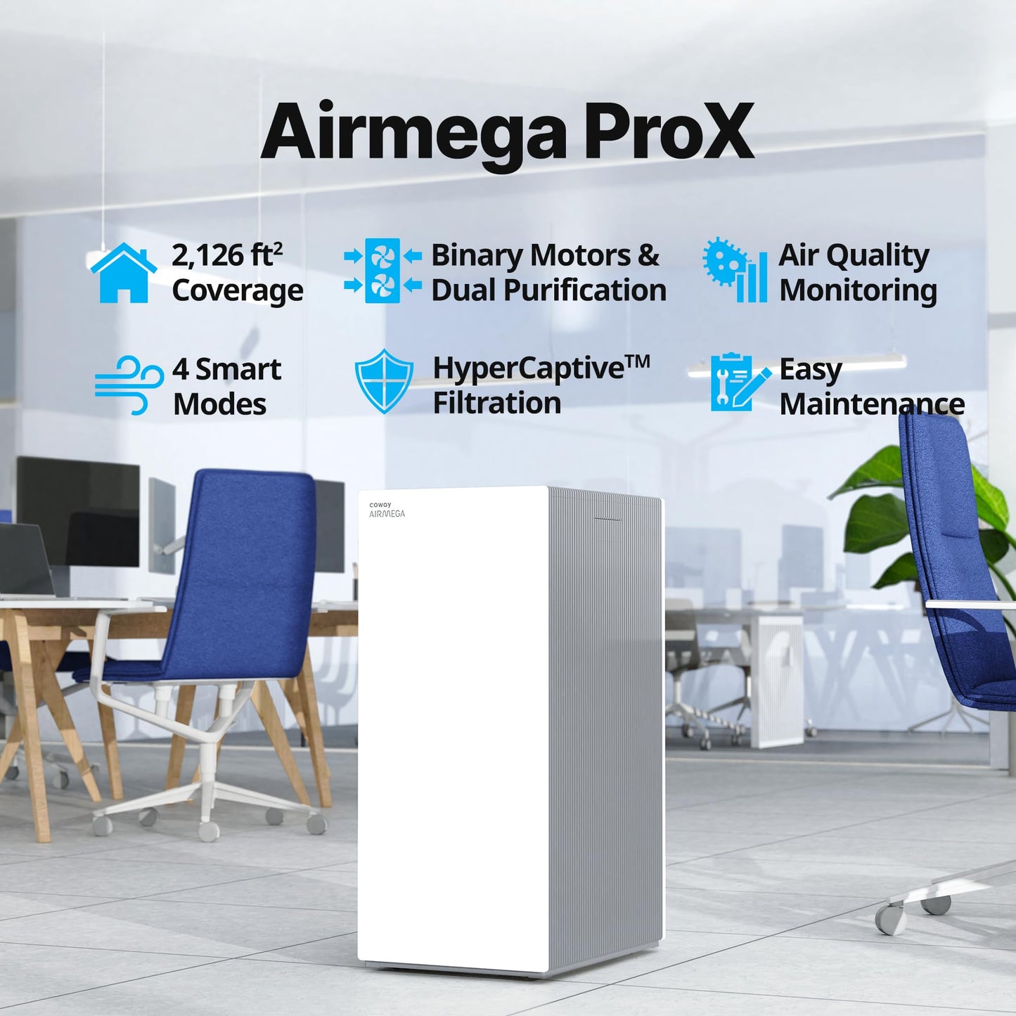 COWAY Air Purifiers for Large Room Whole Home Up to 4,253ft², 2 Sets of XL Washable Pre-Filters and HEPA Filters for Dual Purification, PM1.0 AQI, Turbo Mode, Timer, Wheels, 5yr Warranty, ProX(W)