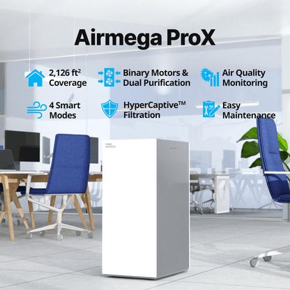 COWAY Air Purifiers for Large Room Whole Home Up to 4,253ft², 2 Sets of XL Washable Pre-Filters and HEPA Filters for Dual Purification, PM1.0 AQI, Turbo Mode, Timer, Wheels, 5yr Warranty, ProX(W)