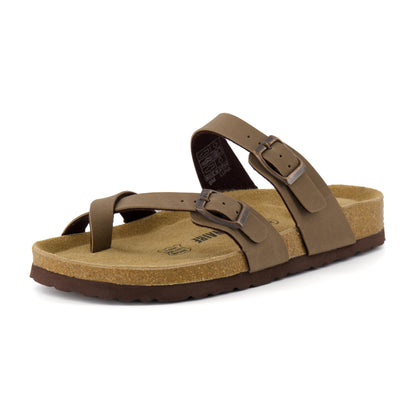 CUSHIONAIRE Luna Sandals for Women, Cork Footbed Womens Sandals for Summer Comfort with Adjustable Straps, Wide Width Available, BROWN 8.5