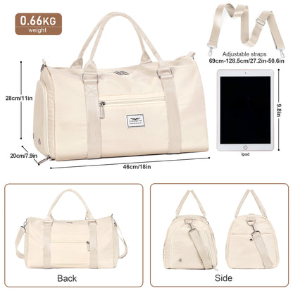 FIORETTO Womens Gym Tote Duffle Bag with Wet Pocket & Shoe Compartment, Sports Duffel Overnight Weekender Hospital Workout Carry on Bag for Girls, Ideal for Travel, Swimming, Dance, Ballet Beige