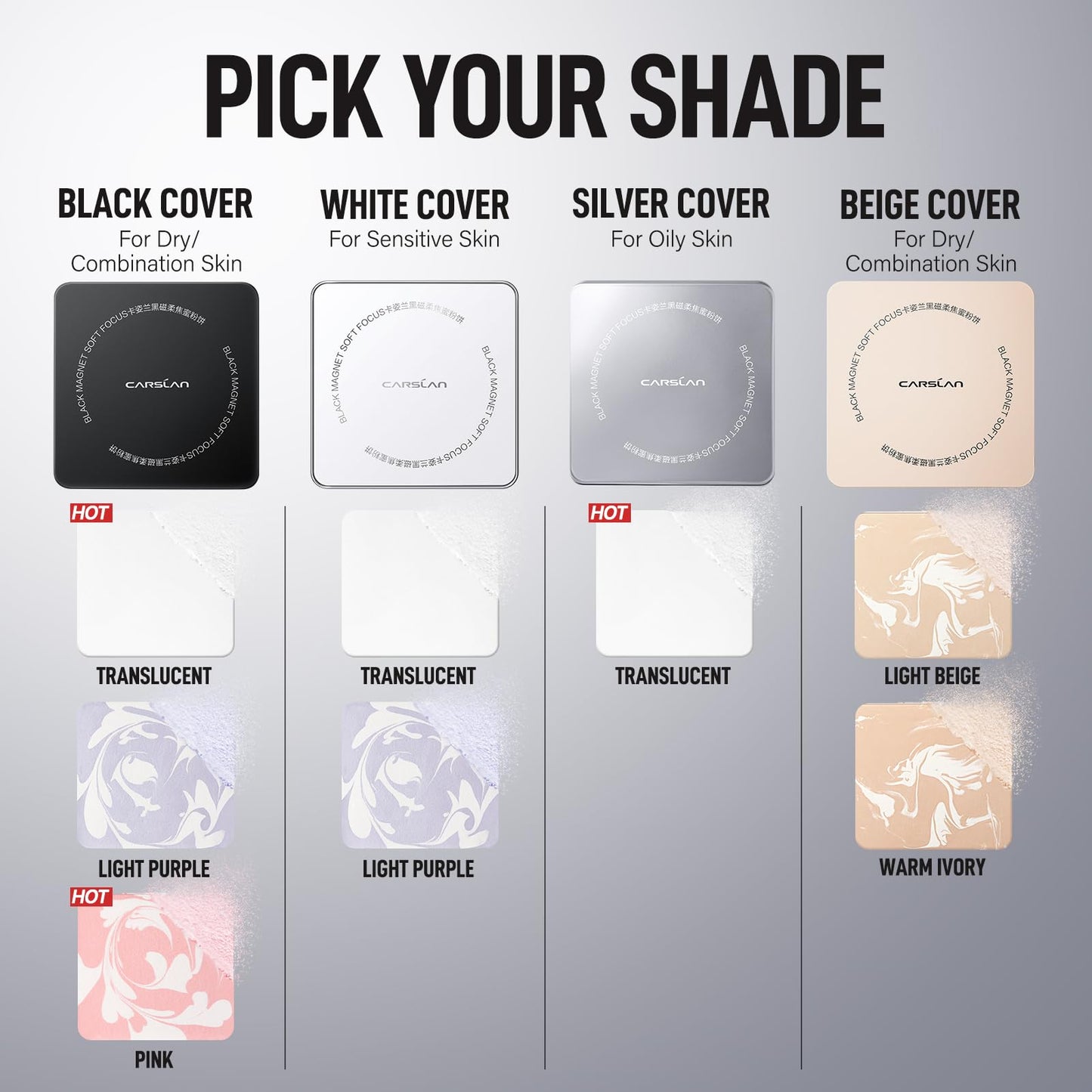 CARSLAN 2.0 Black Magnet Soft Focus Powder, Waterproof Translucent Pressed Setting Powder, 24H Longlasting Talc-Free Face Powder, Oil Control Compact Makeup,01 Translucent For Dry&Com Skin, 0.28Oz