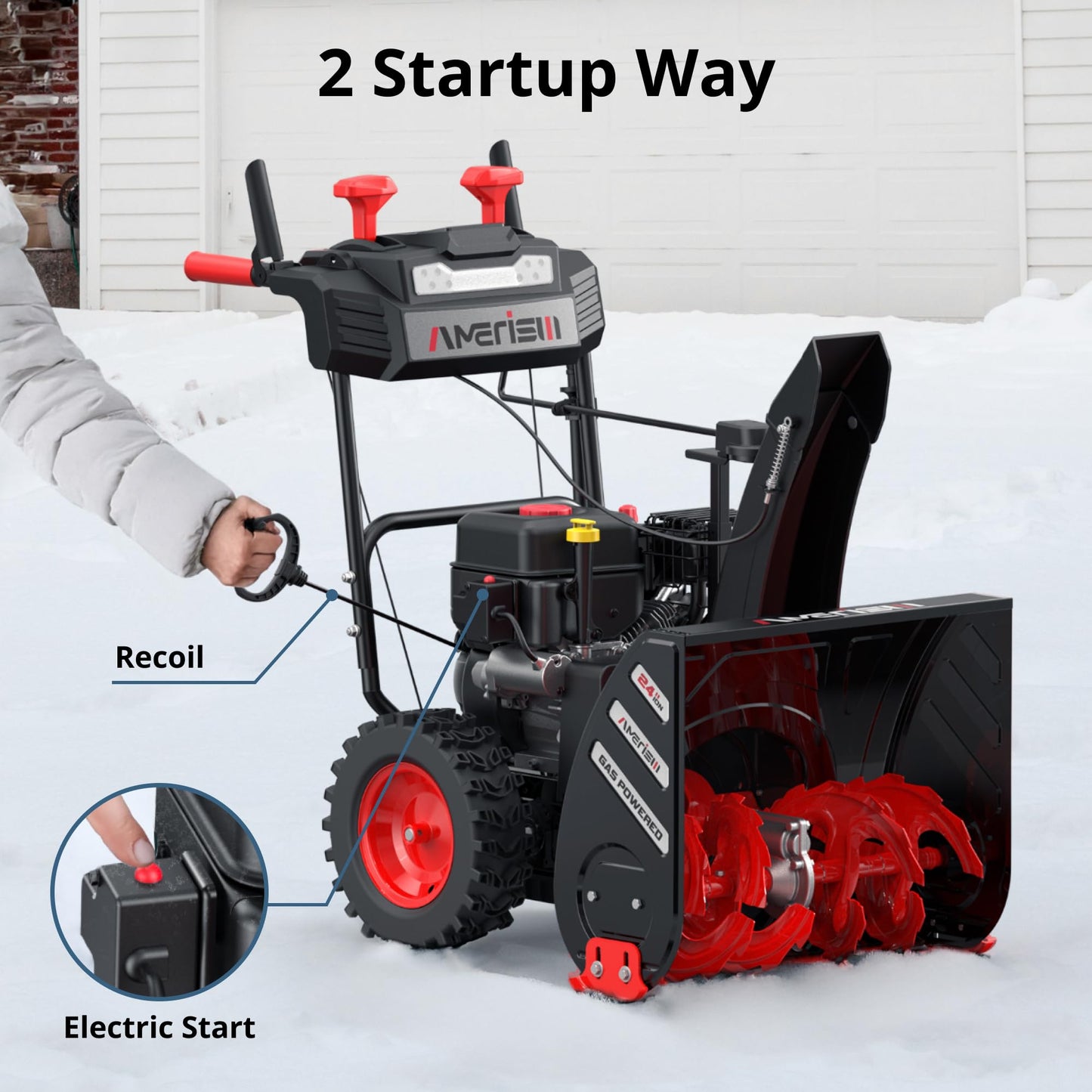 AMERISUN Snow Blower, 24-Inch Gas Powered Snow Blower 7HP OHV 212cc Engine,Self-Propelled Snow Thrower, Electric Start,13-Inch Snow Tires, LED Lights,180° Rotatable Chute, for Driveways & Heavy Snow