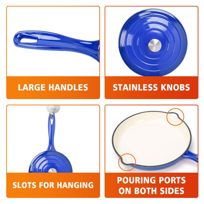 7-Piece Enameled Cast Iron Cookware Set: Dutch Ovens, Skillet & Sauce Pan with Non-Stick Ceramic Coating - Oven Safe to 550°F, PFOA-Free (Cobalt Blue)