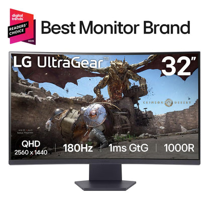 LG 32GS60QC-B Ultragear 32-inch Curved Gaming Monitor QHD (2560x1440) 180Hz 1ms 1000R AMD FreeSync HDR10 HDMIx2 DisplayPort Borderless Design Black Stabilizer DAS Crosshair FPS Counter - Black