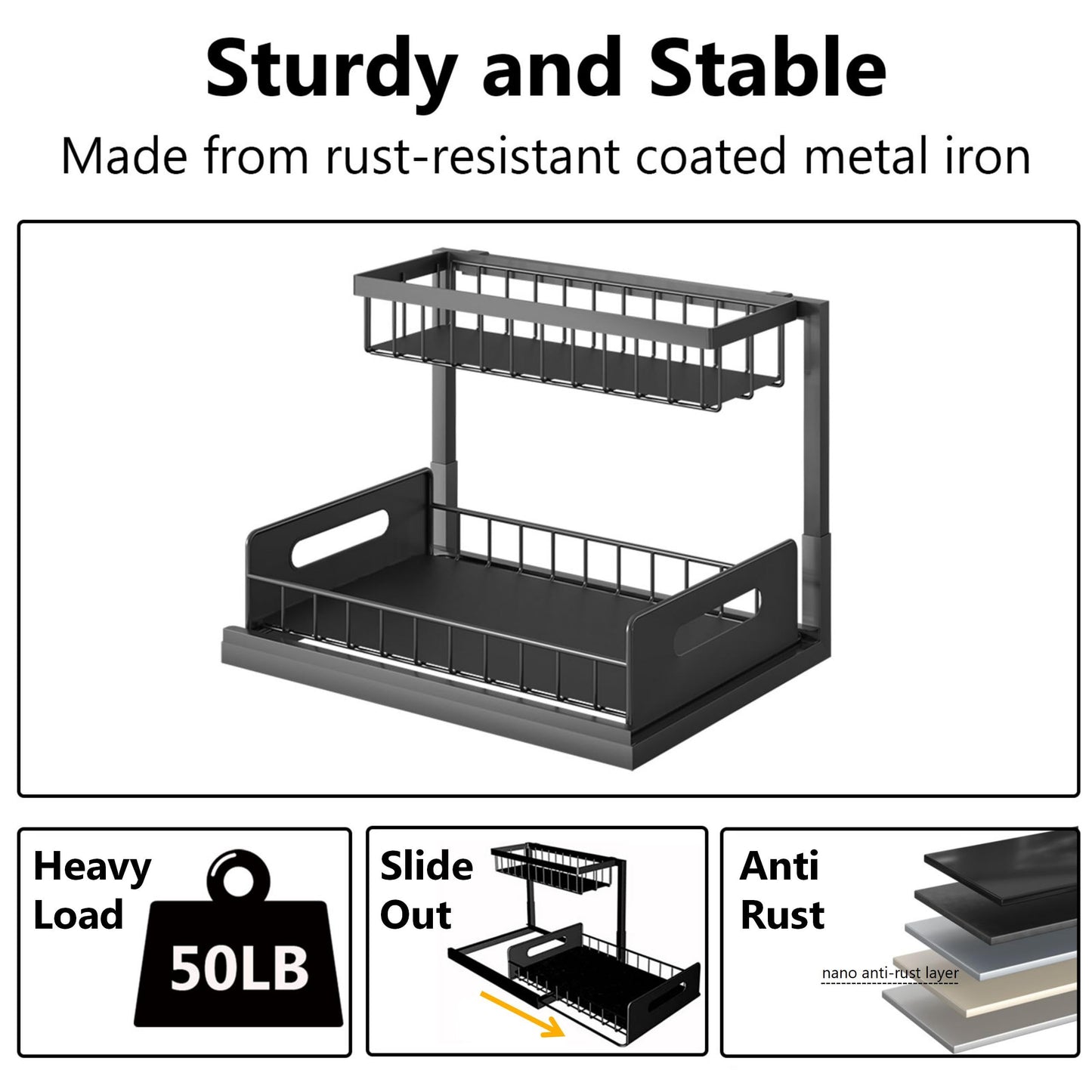 Ceetug Under Sink Organizers and Storage 2 Tier Slide Out Kitchen Cabinet Organizer Sturdy Metal Bathroom Storage (Black, 2 Pack)