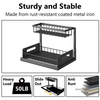 Ceetug Under Sink Organizers and Storage 2 Tier Slide Out Kitchen Cabinet Organizer Sturdy Metal Bathroom Storage (Black, 2 Pack)