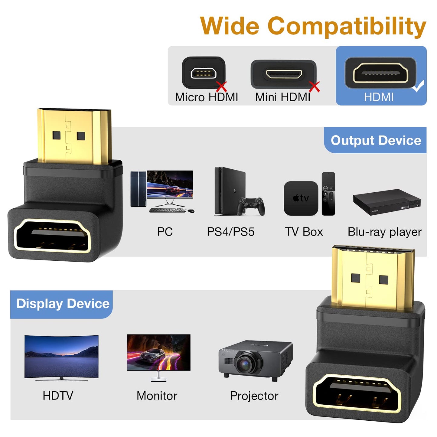 8K HDMI Extension Adapter, 2 Pack 90 Degree Right Angle HDMI 2.1 Male to Female Extender Adapter, Support 8K@60Hz, 4K@144Hz, 2K@240Hz, HDR, eARC for Roku, PS4, PS5, HDTV, Xbox
