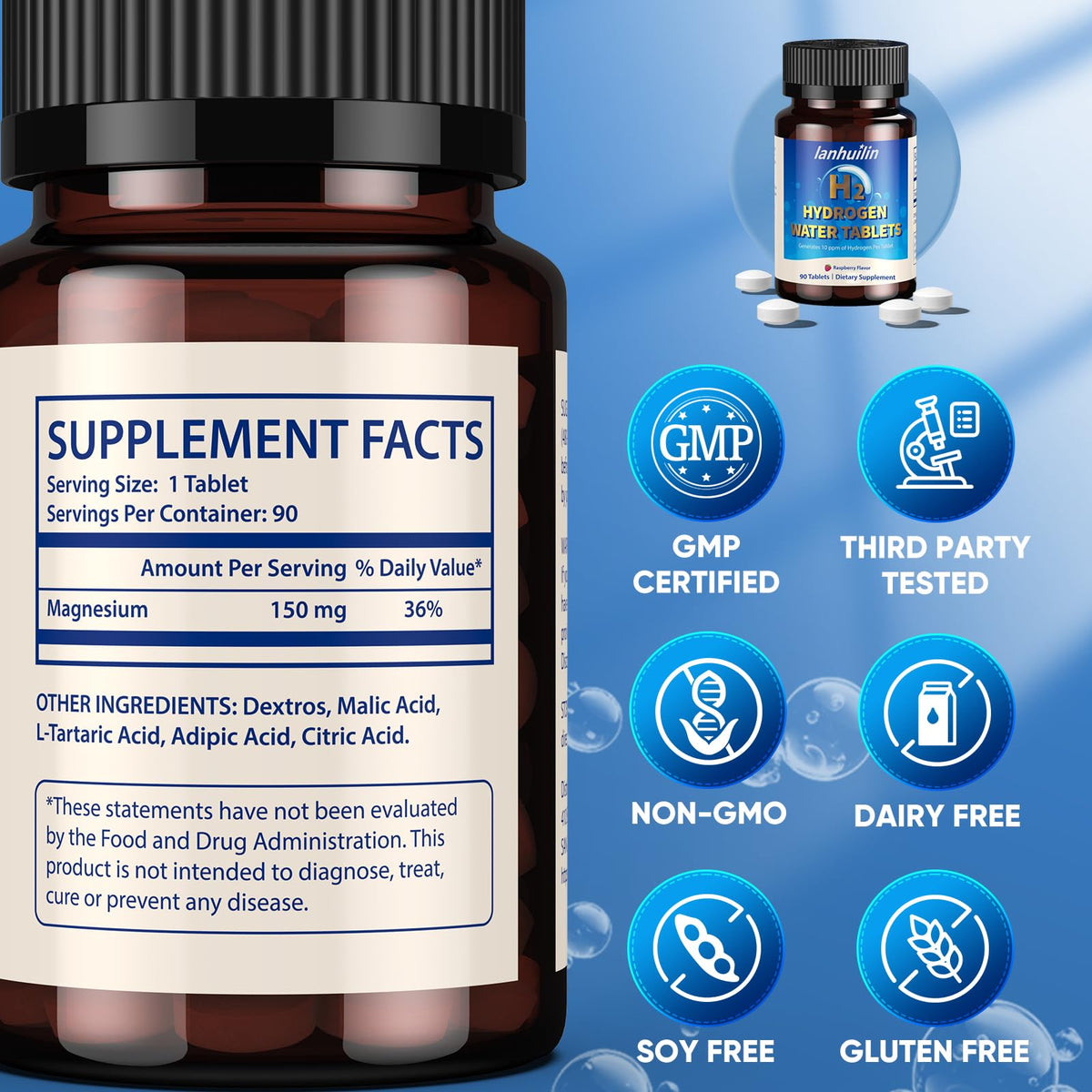Molecular Hydrogen Tablets for Drinking Water, Hydrogen Water Tablets with 150mg Magnesium, Generates Up to 10 PPM H2 Hydrogen, Antioxidant Support for Cellular Energy & Healthy Aging, 90 Tablets