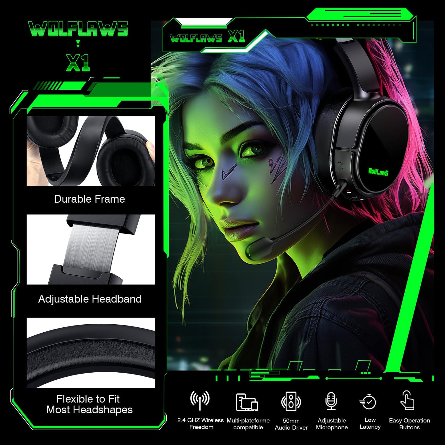 WolfLawS Wireless Gaming Headset for Xbox Series X|S, Xbox One, PS5, PC, Mac, Nintendo Switch, Bluetooth Over Ear Gaming Headphones with Noise Canceling Microphone, Surround Sound, Low Latency