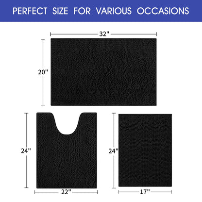 ACCUMTEK Striped Black Bathroom Rug Set 3 Pieces Ultra Soft, Non Slip Chenille Toilet Mat, Absorbent Plush Shaggy Bath Mats for Bathroom, Bedroom, Kitchen