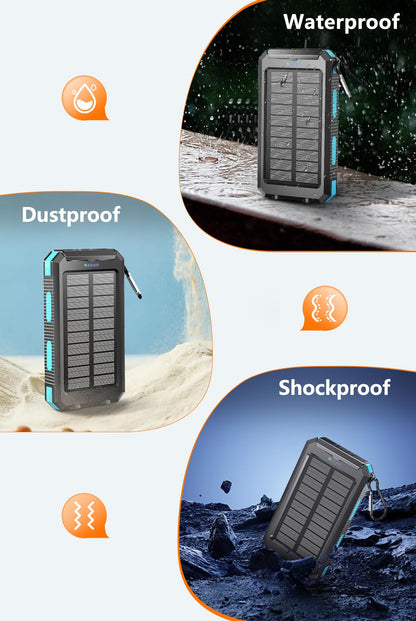 Power Bank 36800mAh Solar Portable Charger with USB-C 5V/2.4A Fast Charging Compatible with iPhone, with 2 LED Flashlights and IPX5 Waterproof External Backup Battery Pack Perfect for Camping, Hiking