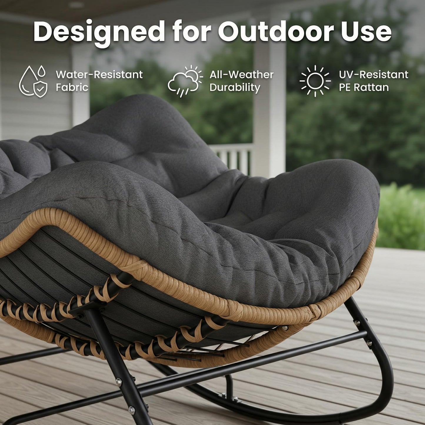 SWITTE Outdoor Rocking Chair, Oversized Patio Papasan Rocker, Comfy Wicker Reading Lounge, Indoor Egg Chair for Bedroom, Living Room, Porch, Garden, Lawn-Dark Grey