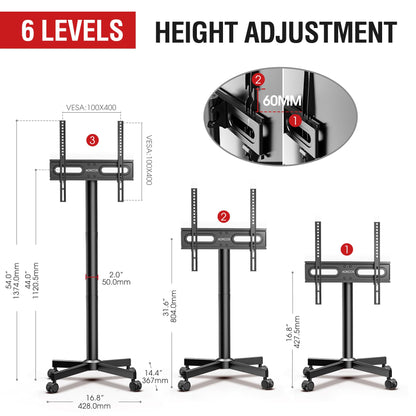 AOKCOS TV Cart Rolling TV Stand - Mobile TV Stand for 32-65 inch Flat/Curved TVs Holds up to 88 Lbs, Portable TV Stand on Wheels with Tilting for Living Room, Bedroom, Office, Max VESA 400x400mm