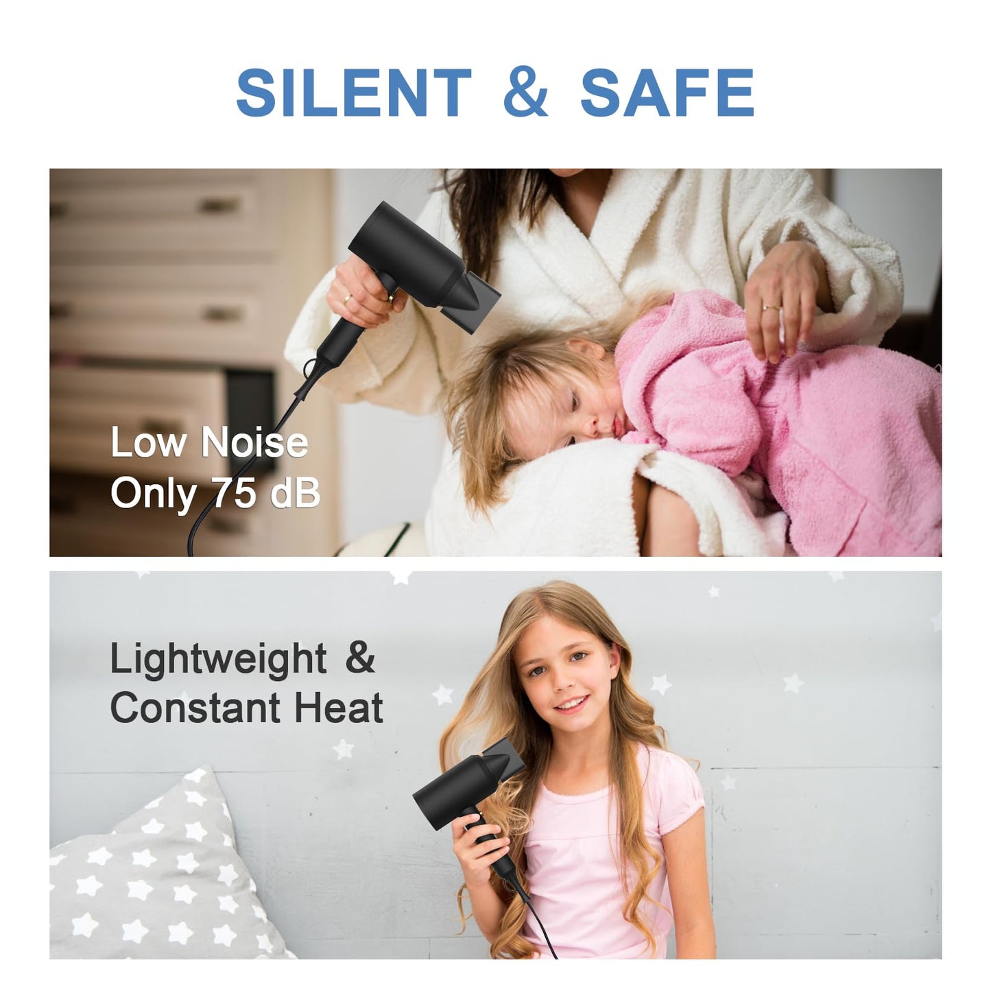 slopehill Professional Ionic Hair Dryer, Powerful 1800W Fast Drying Low Noise Blow Dryer with 2 Concentrator Nozzle 1 Diffuser Attachments for Home Salon Travel (Black)