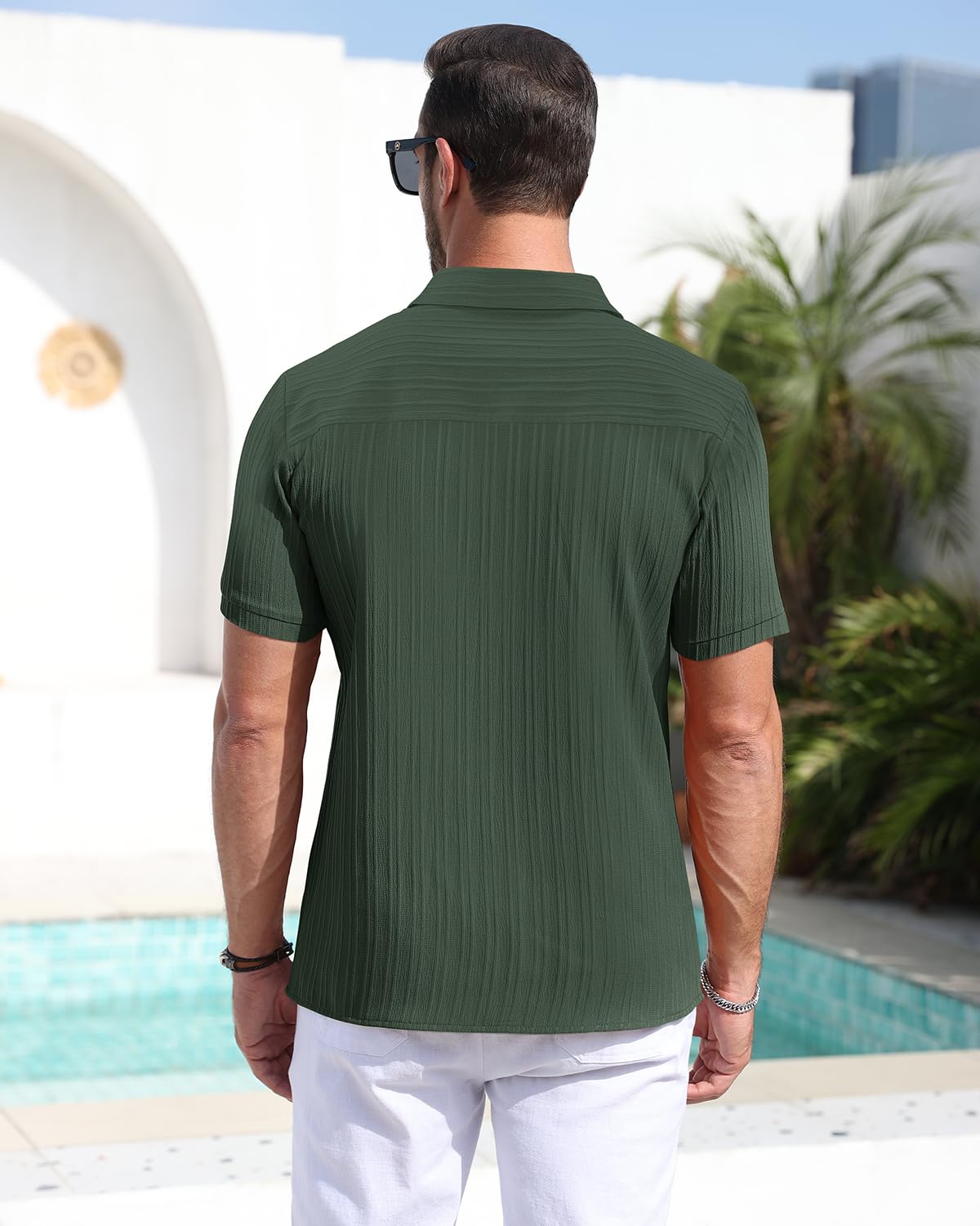 TUREFACE Black Short Sleeve Button Down Shirts for Men Casual Stripe Textured Wrinkle-Free Breathable Summer Beach Shirt