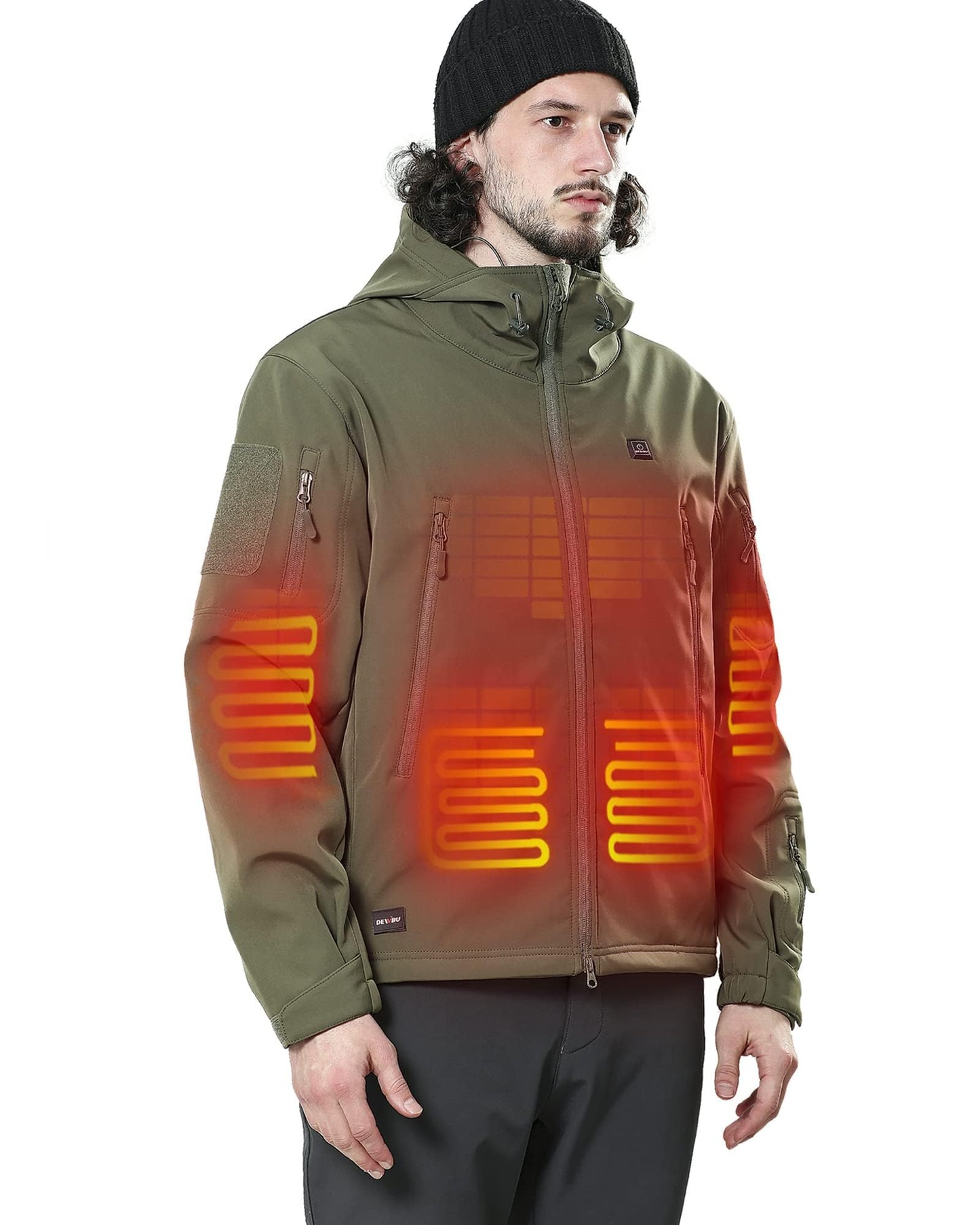 DEWBU Heated Jacket for Men with 12V Battery Pack Winter Outdoor Soft Shell Electric Heating Coat, Men's Olive Green, S