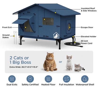 Extra-Wide Heated Cat House for Outdoor Use, Waterproof Insulated Shelter for Winter with Escape Exit, Spacious 23.5" × 21" × 16", Safe Heated Bed, Foldable, Connects to Feeding Station – Blue