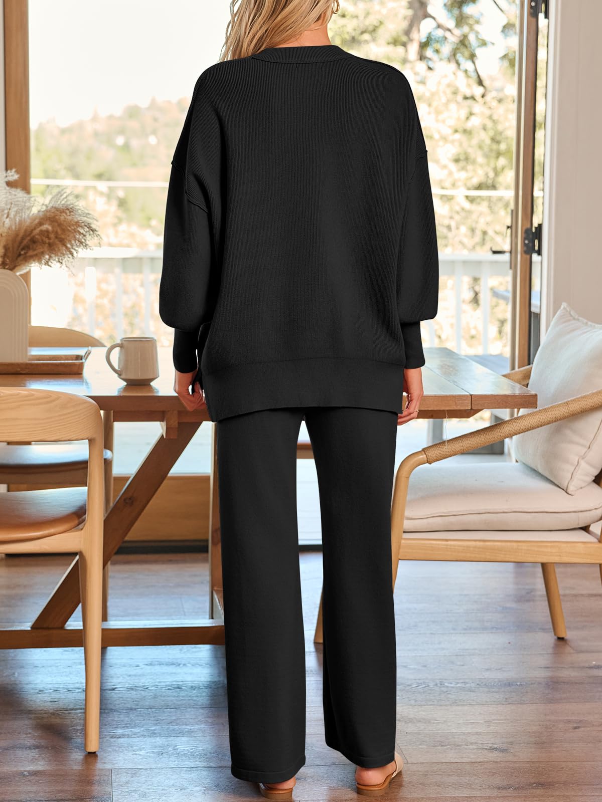 LILLUSORY Lounge Sets For Women 2 Two Piece Outfits 2025 Fall Winter Airport Trendy Matching knit Sweat Suit Sweaters Pants Sweatsuit Loungewear Cute Travel Fashion Clothes Black M