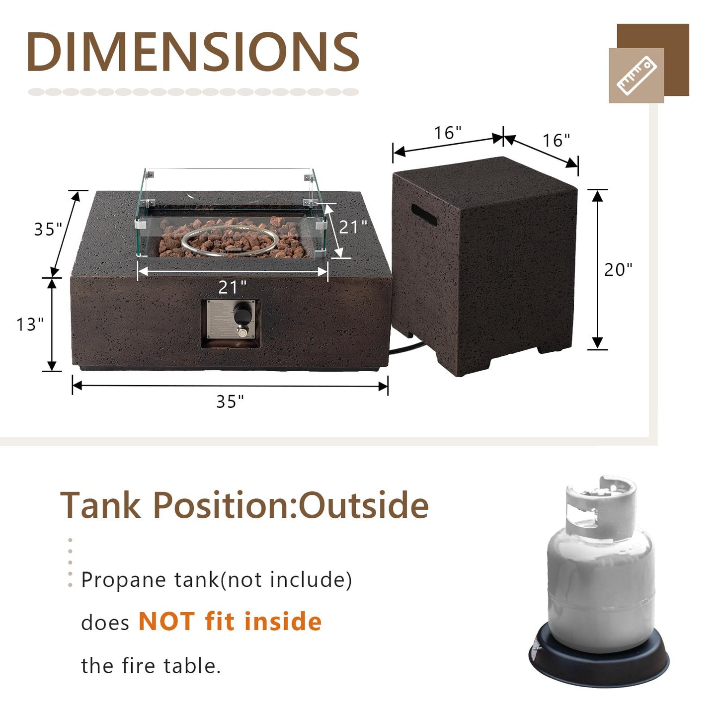COSIEST Outdoor Propane Fire Pit Coffee Table w Square Faux Stone 35-inch Base, CSA Certified, 50,000 BTU Stainless Steel Burner, Free Lava Rocks and Rain Cover, Wind Guard, Tank Cover, Brown