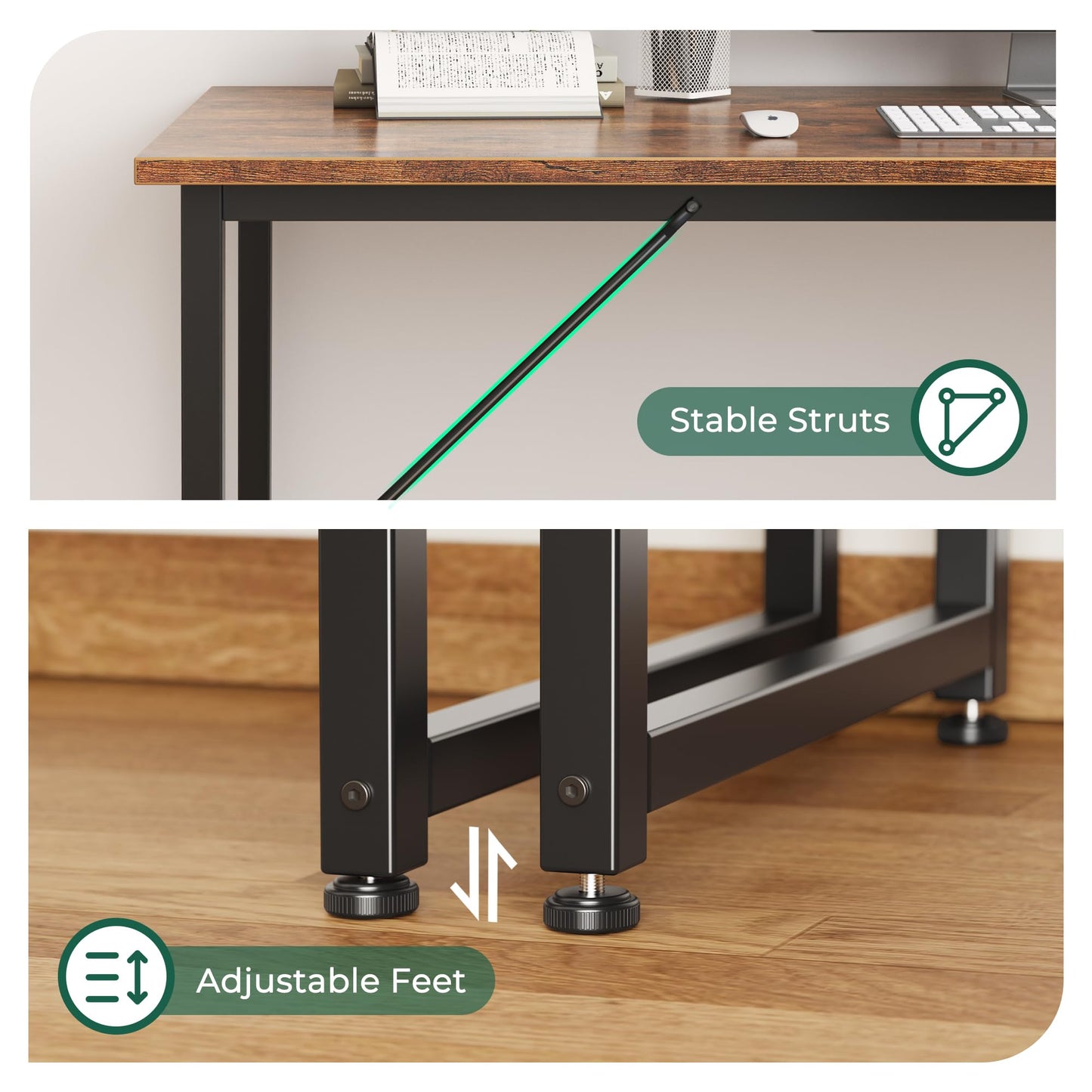 Huuger Computer Desk, 55 Inch Office Desk, Gaming Desk with Storage, Writing Desk Work Desk for Home Office, Study, Modern Simple Desk, Large Legroom, Metal Frame, Rustic Brown