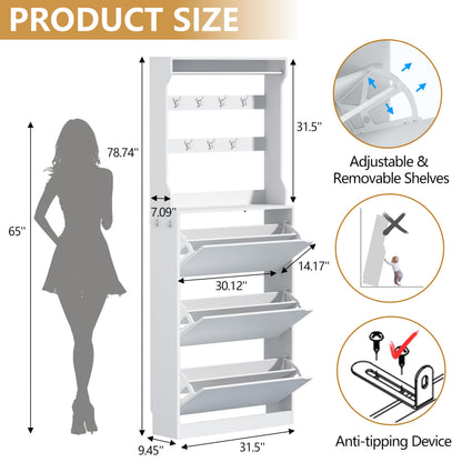 Wodeer Tall Shoe Cabinet with Coat Rack, Hidden Shoe Storage Cabinet with Doors & Drawer, Hanging Bar & Hooks, Slim Narrow Freestanding Shoe Rack Organizer for Entryway, Hallway & Living Room, White