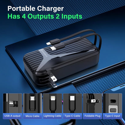 Portable Charger with Built in Cable and AC Wall Plug,10000 mAh External Battery Power Bank, LED Display 4 Outputs 2 Inputs, Travel Phone Charger Battery Pack for iPhone 16 15 14 13 Samsung iPad