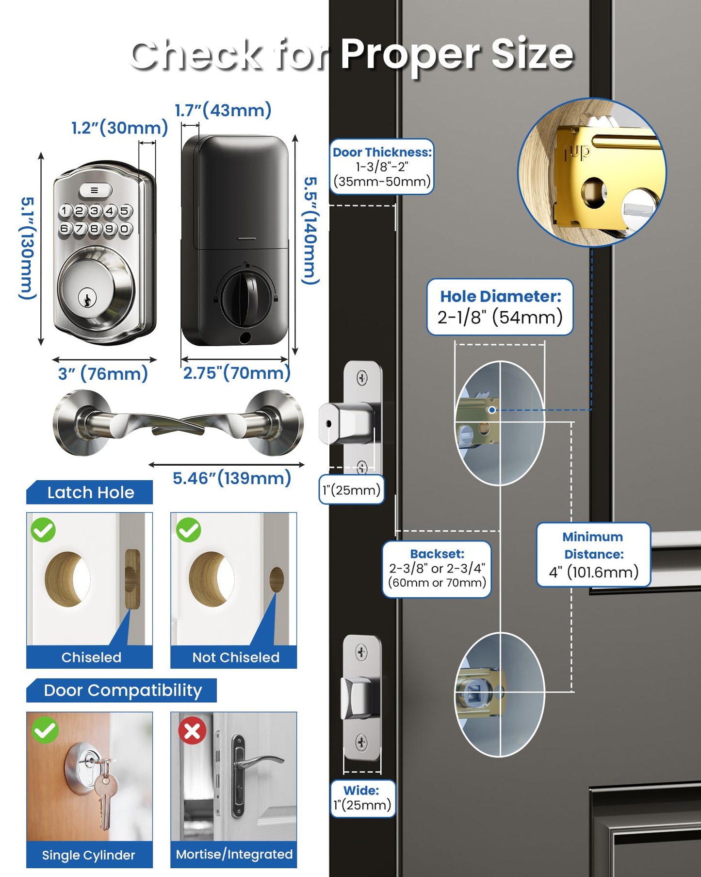 Veise Keyless Entry Door Lock with 2 Lever Handles - Electronic Keypad Deadbolt, Easy Installation Digital Smart Front Door Lock Set, Satin Nickel