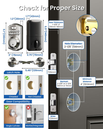 Veise Keyless Entry Door Lock with 2 Lever Handles - Electronic Keypad Deadbolt, Easy Installation Digital Smart Front Door Lock Set, Satin Nickel