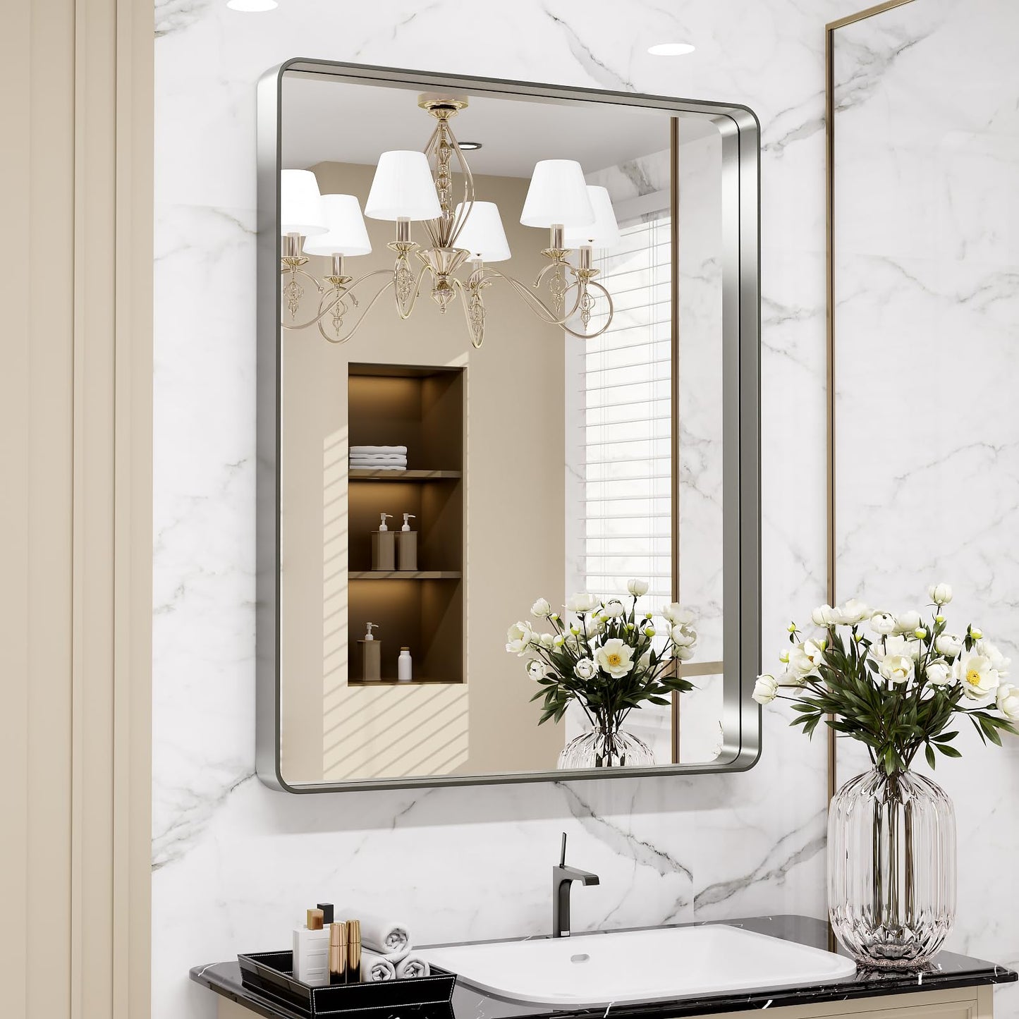 LOAAO 24X36 Inch Brushed Nickel Bathroom Mirror, Rounded Rectangle Silver Metal Frame Mirror, Brushed Nickel, Anti-Rust, Hangs Horizontally or Vertically
