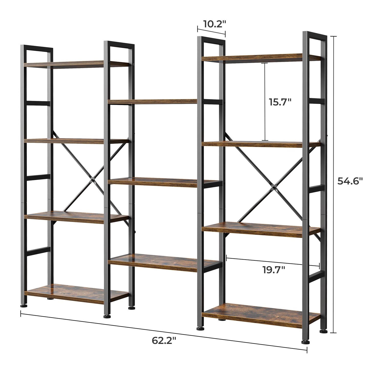 SUPERJARE Triple 4 Tier Bookshelf, Bookcase with 11 Open Display Shelves, Wide Book Shelf Book Case for Home & Office, Rustic Brown