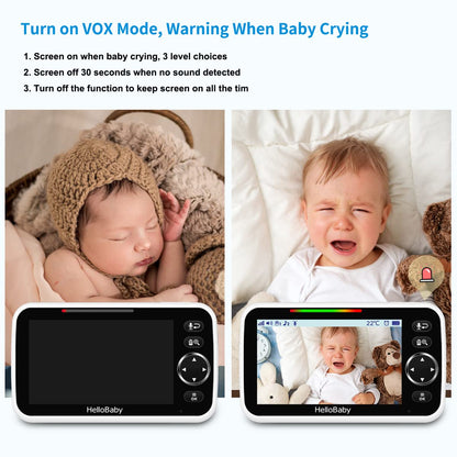 HelloBaby Upgrade Monitor, 5''Sreen with 30-Hour Battery, Pan-Tilt-Zoom Video Baby Monitor with Camera and Audio, Night Vision, VOX, 2-Way Talk, 8 Lullabies and 1000ft Range No WiFi, Ideal Gifts