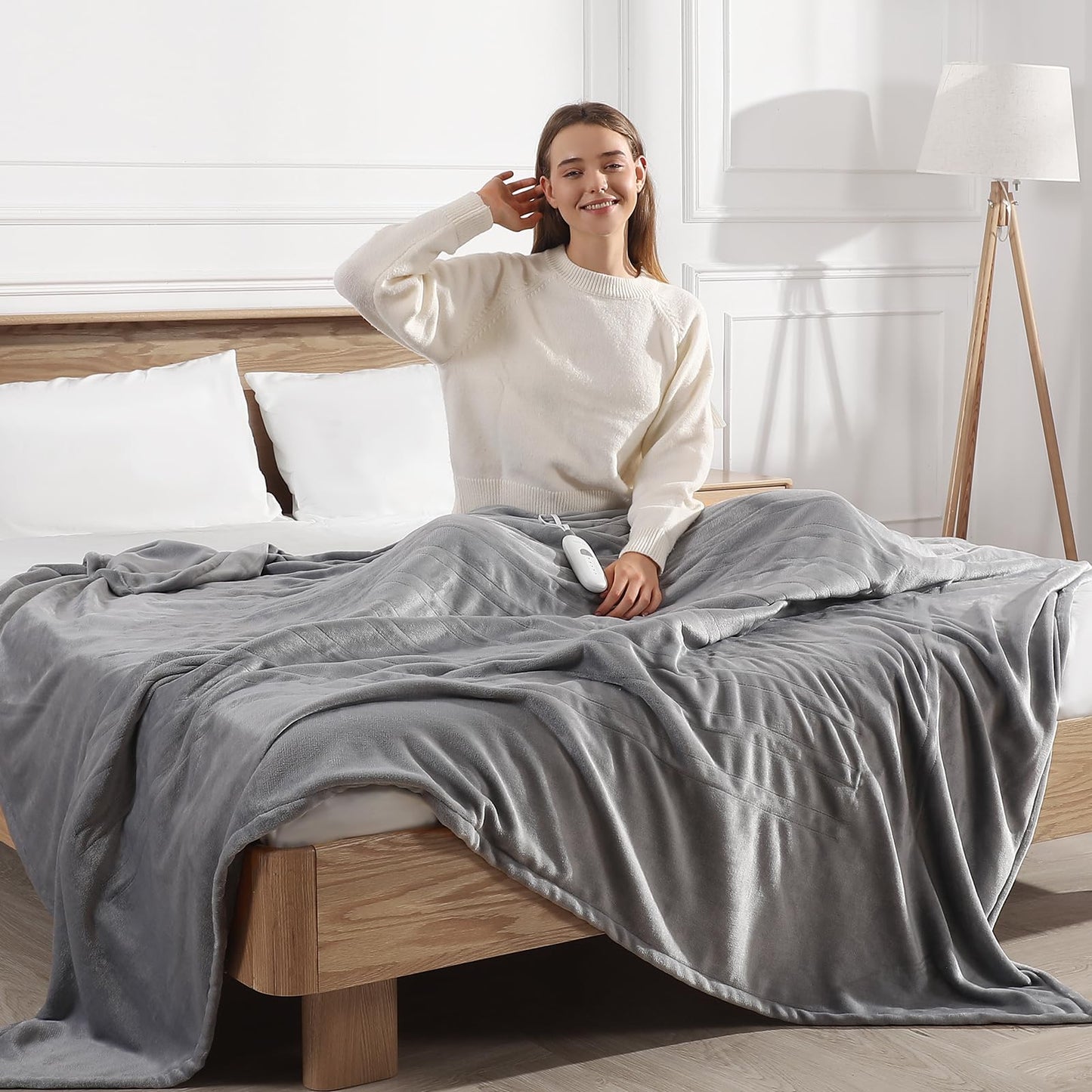 Heated Blanket Queen Size Electric Blanket 84''X90'' - Soft Plush Premium Flannel with Dual Controllers, 5 Heating Level & 10 Hour Auto Off, ETL & FCC Certified, Warm Gifts for Grandma, Grey