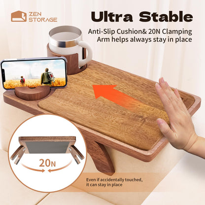 ZenStorage Acacia Wood Couch Arm Table Tray with Charcuterie Board with Phone Holder, Cup Slot & Folding for Wide/Narrow Recliners, Snack Table for Small Spaces TV Entertaining (Natural Wood)