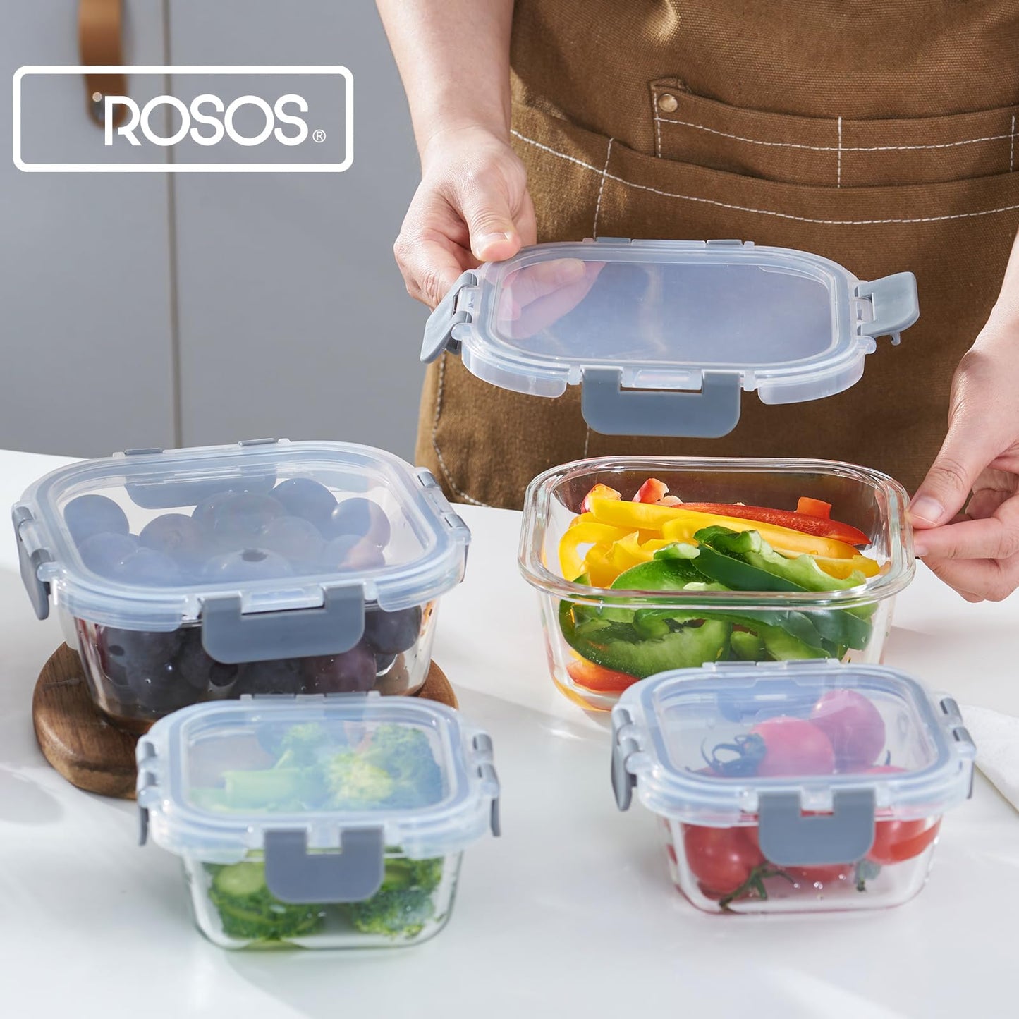 ROSOS Glass Food Storage Containers with Lids Upgraded Airtight, 4 Pack Glass Storage Containers with Lids, Not Easy Broken & Leak Proof, Glass Containers with Lids for Oven/Dishwasher Safe, Grey