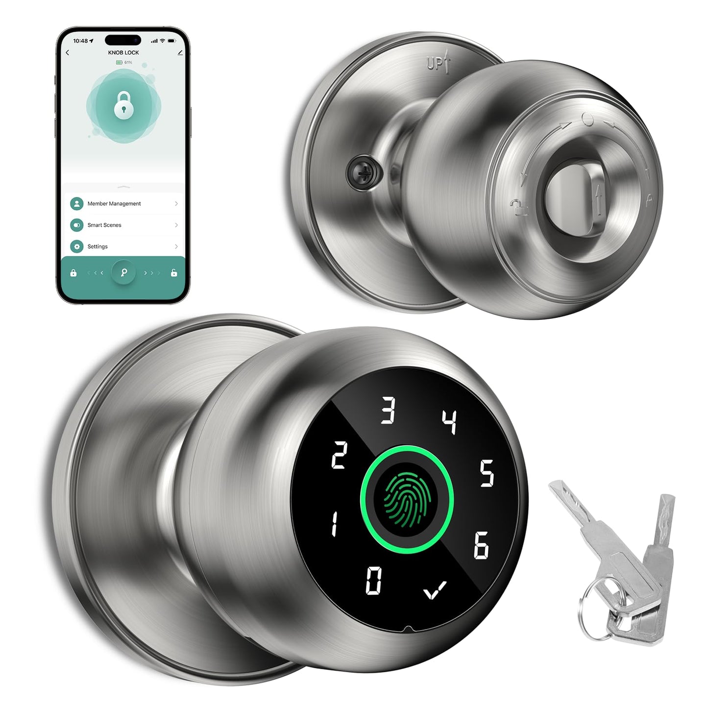 Fingerprint Door Lock - Fingerprint and Keypad Input Smart Door knob, App Controlled Biometric Door Lock, Keyless Entry, Bedroom, Office, Hotel, Apartment Auto Door knob (Satin Nickel)