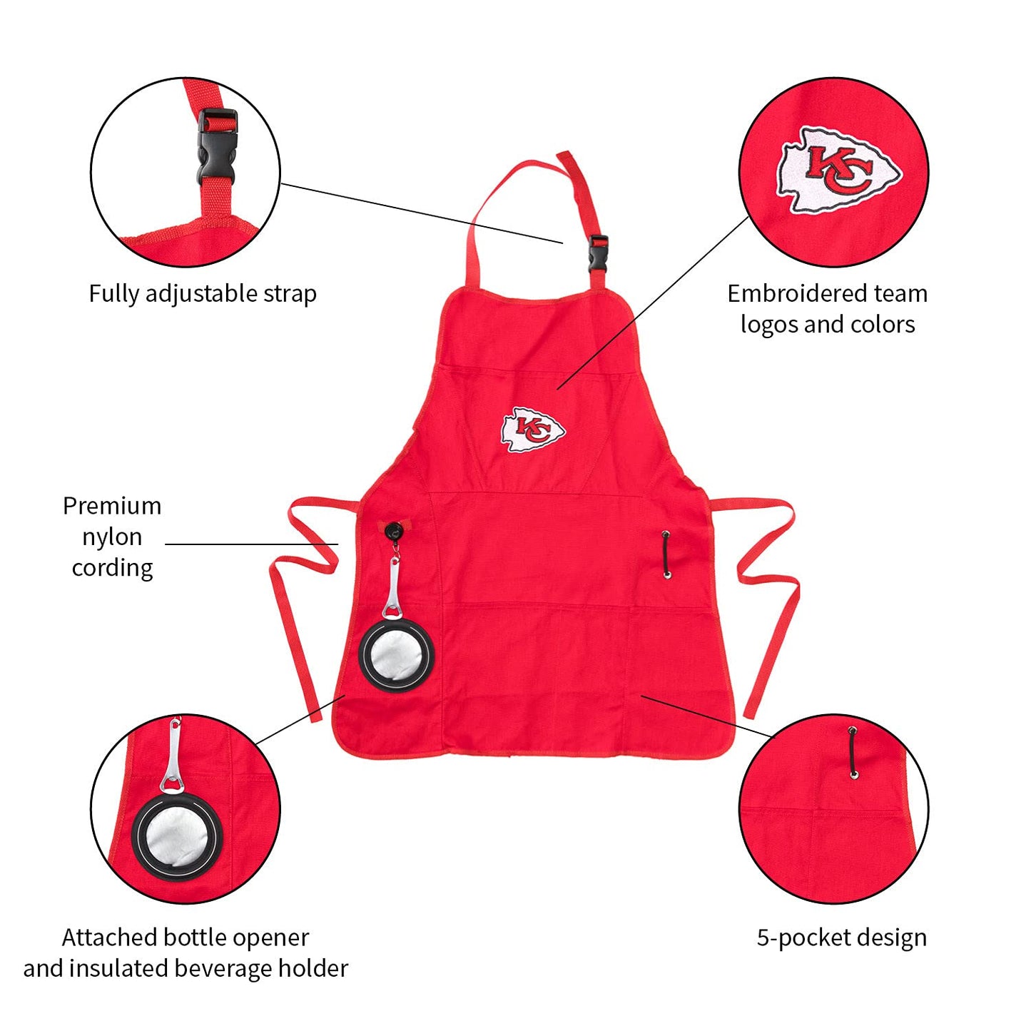 Team Sports America NFL Kansas City Chiefs Ultimate Grilling Apron | Bottle Opener and Insulated Beverage Holder | Heavy Duty Durable Cotton Canvas 300 GSM | Machine Washable | Adjustable Straps