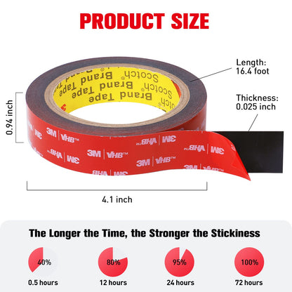 Double Sided Tape Heavy Duty, Adhesive Mounting Tape Waterproof, 16.4 FT x 0.94 IN, Strong Foam Tape for Walls, Automotive, Home Office Decor, Made of 3M VHB Tape (Pack of 1)