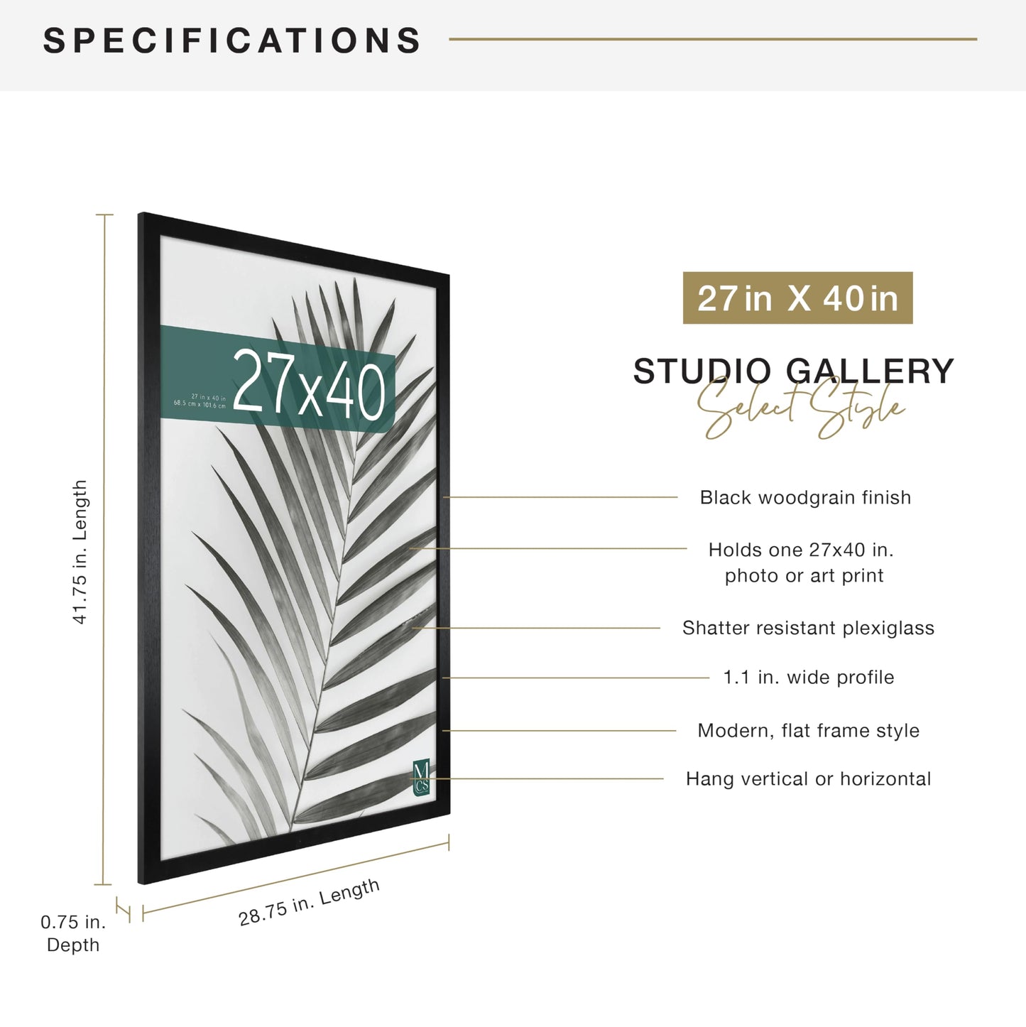 MCS Studio Gallery 27x40 Poster Frame Black Woodgrain, Vertical & Horizontal Wall Hanging Large Picture Frame for Photos, Posters & Art Prints (1-Pack)
