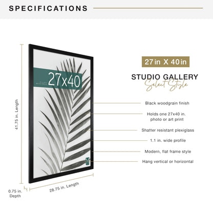 MCS Studio Gallery 27x40 Poster Frame Black Woodgrain, Vertical & Horizontal Wall Hanging Large Picture Frame for Photos, Posters & Art Prints (1-Pack)