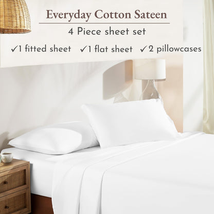 Queen Sheet Set - Natural 100% Cotton Sheets Queen Size Bed Set with Deep Pockets, Soft Sateen Weave, Breathable, Cooling and Durable Bedding by California Design Den (White)