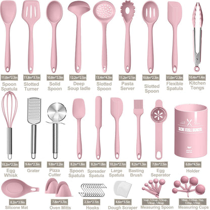 Silicone Cooking Kitchen Utensil Set, AIKKIL 43 Pcs Pink Cooking Utensils Set, Turner, Tongs, Spoon, Spatula, Kitchen Gadgets Tools Set For Nonstick Cookware, Heat Resistant (Dishwasher, BPA Free)