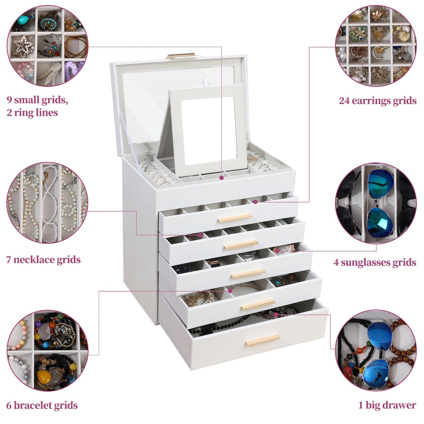 BOOVO Jewelry Boxes for Women, White and Black 6 Layer Large Jewelry Box for Necklace, Bracelet, Earrings, Rings Storage, Jewelry holder Organizer for Girls Gift (Clear White, 6 layer)