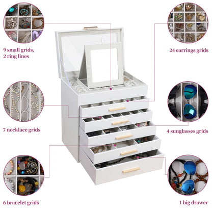 BOOVO Jewelry Boxes for Women, White and Black 6 Layer Large Jewelry Box for Necklace, Bracelet, Earrings, Rings Storage, Jewelry holder Organizer for Girls Gift (Clear White, 6 layer)