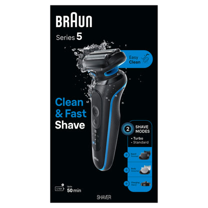Braun Electric Shaver for Men, Series 5 5150cs, Wet & Dry Shave, Turbo Shaving Mode, Foil Shaver, with Beard Trimmer, Body Groomer and Charging Stand, Blue