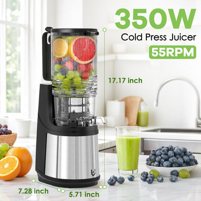 Masticating Juicer, 350W Slow Cold Press Juicer with 5.8" Extra-Large Feeding Chute, Juicer Machines for Whole Fruits and Vegetables, Easy to Clean with Brush